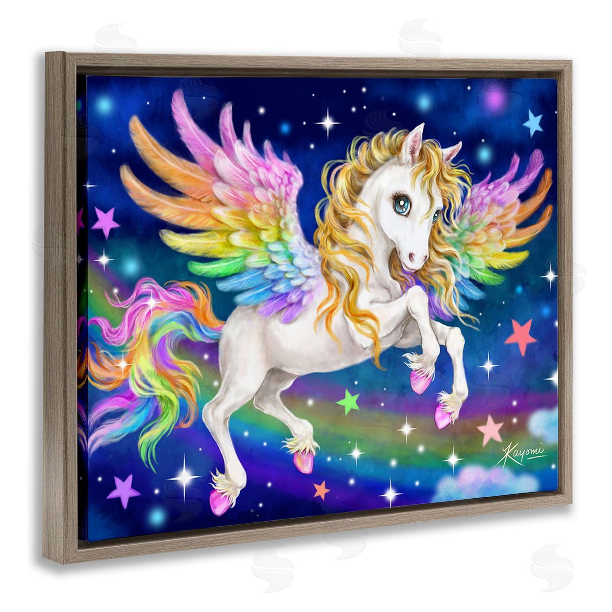 Kayomi Harai Rainbow Unicorn in Space Brown Floating Frame Canvas Wall Art Print