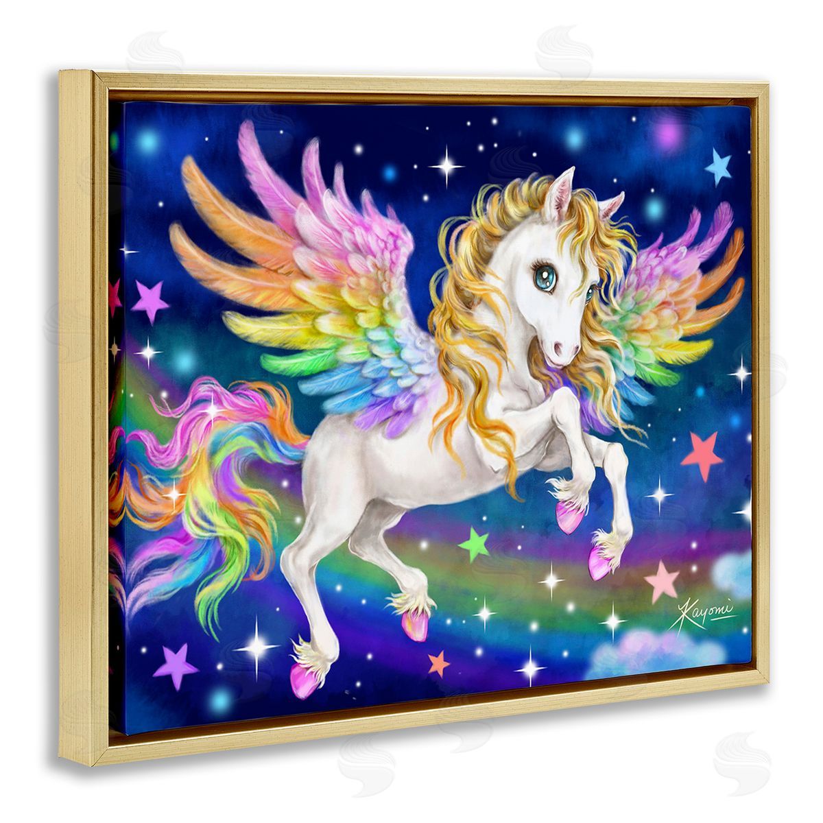 Kayomi Harai Rainbow Unicorn in Space Gold Floating Frame Canvas Wall Art Print