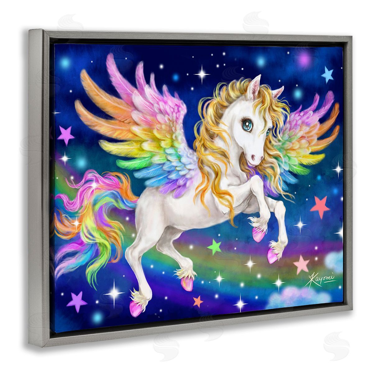 Kayomi Harai Rainbow Unicorn in Space Gray Floating Frame Canvas Wall Art Print