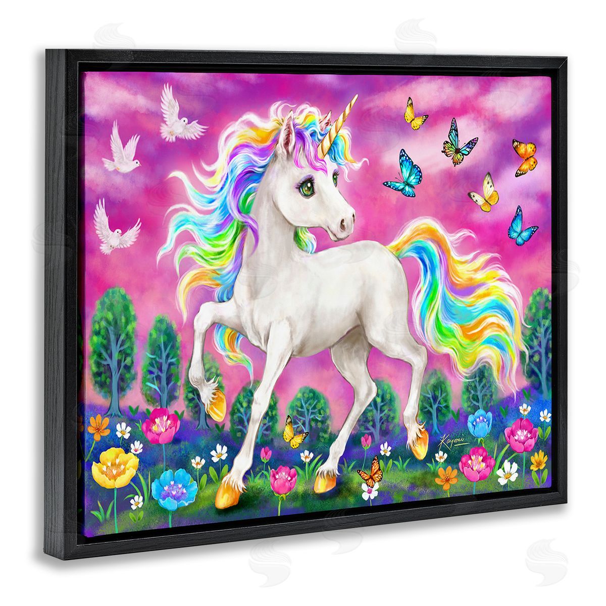 Kayomi Harai Unicorn in Meadow Black Floating Frame Canvas Wall Art Print