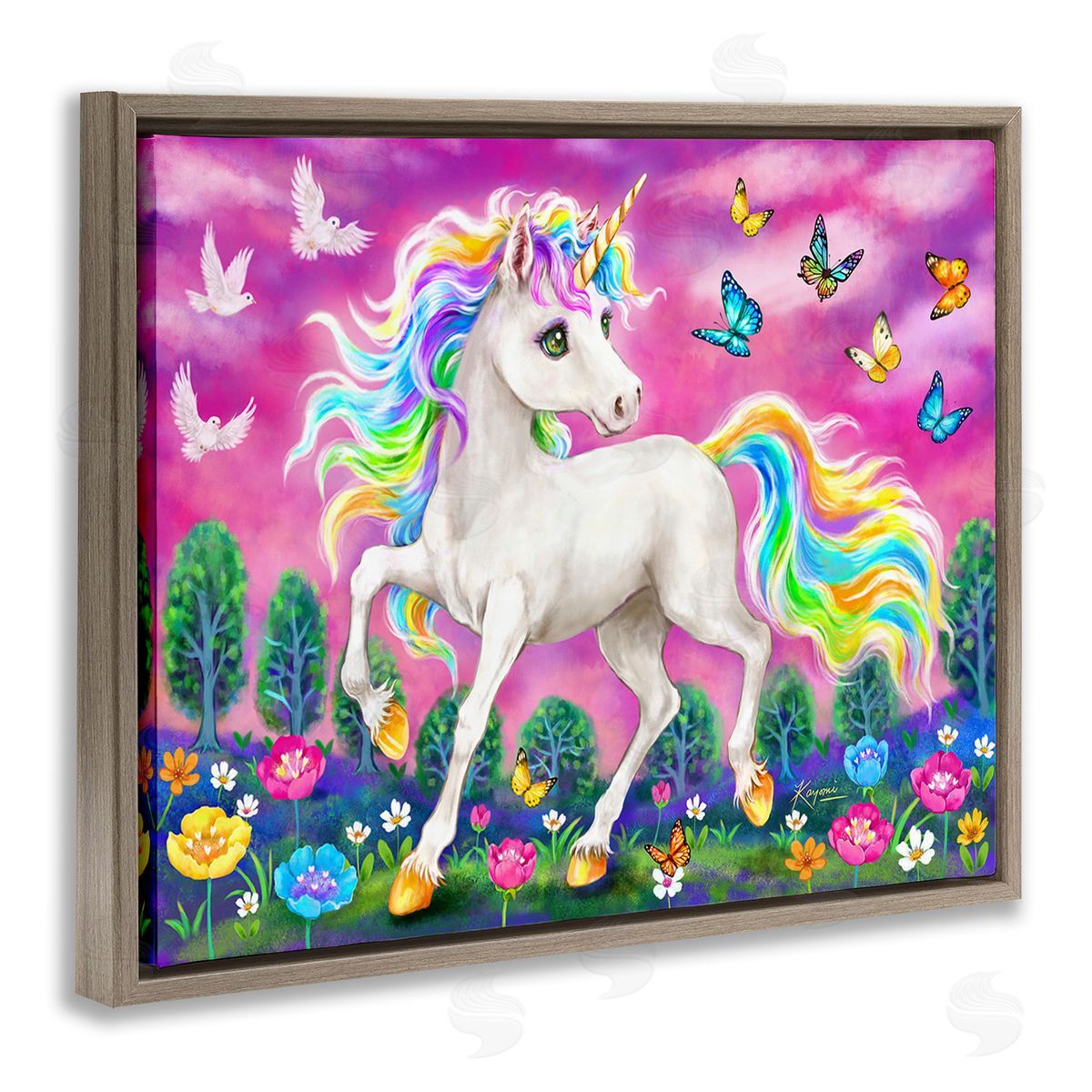 Kayomi Harai Unicorn in Meadow Brown Floating Frame Canvas Wall Art Print