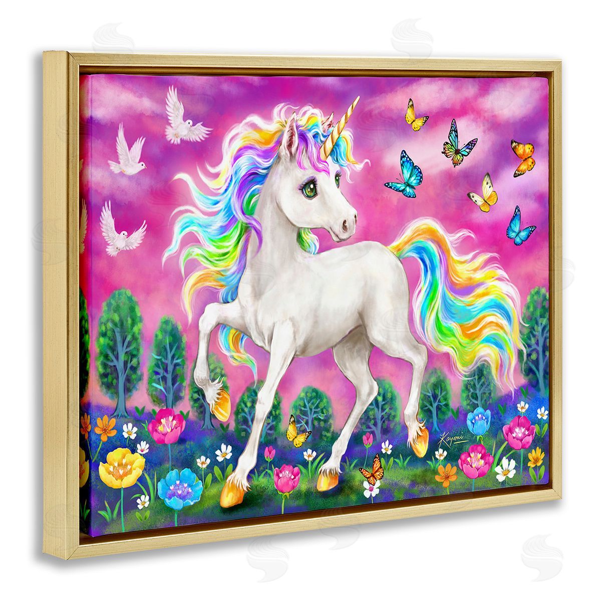 Kayomi Harai Unicorn in Meadow Gold Floating Frame Canvas Wall Art Print