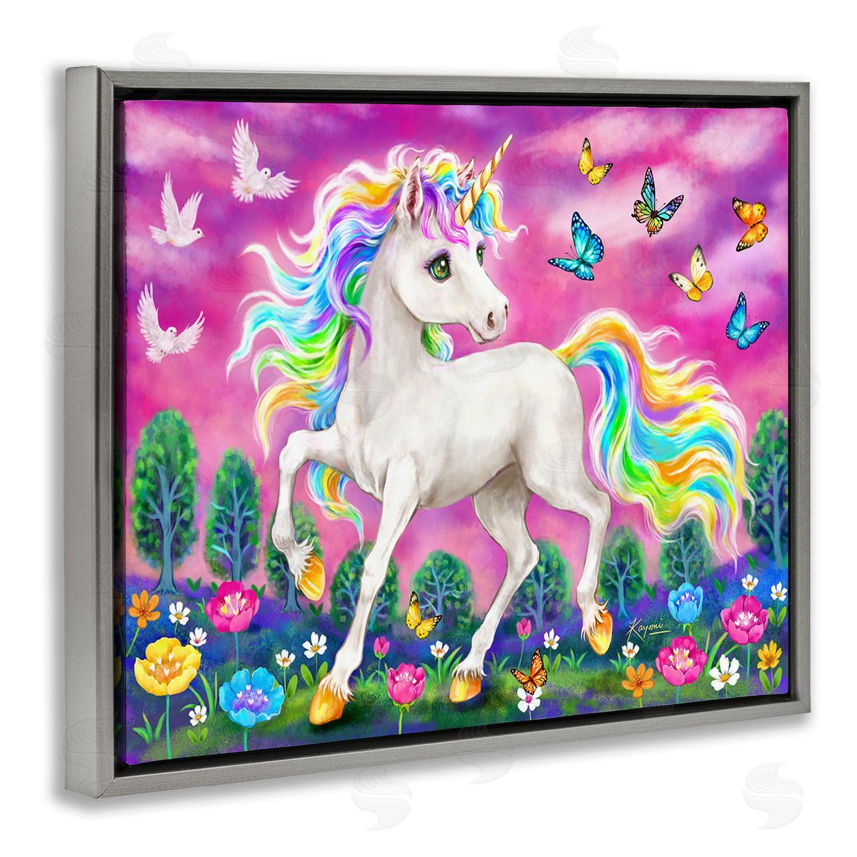 Kayomi Harai Unicorn in Meadow Gray Floating Frame Canvas Wall Art Print