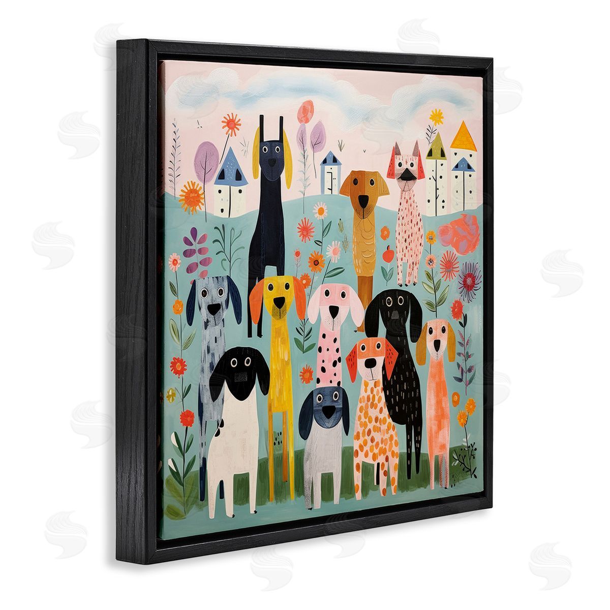 Lazar Studio Patterned Dogs in Yard Black Floating Frame Canvas Wall Art Print