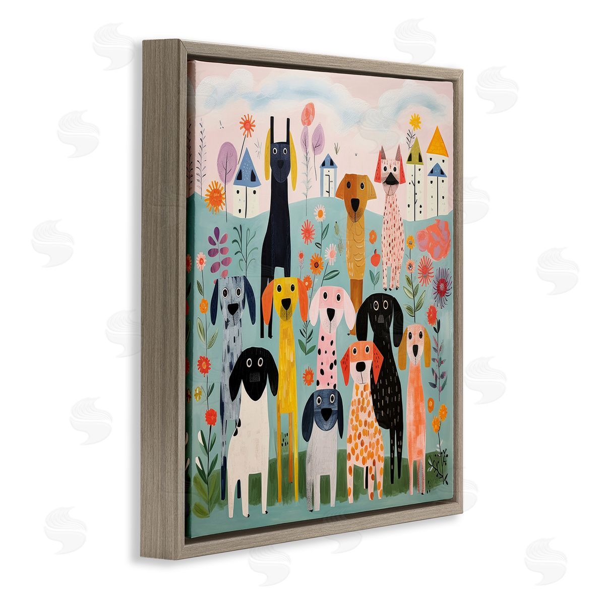 Lazar Studio Patterned Dogs in Yard Brown Floating Frame Canvas Wall Art Print