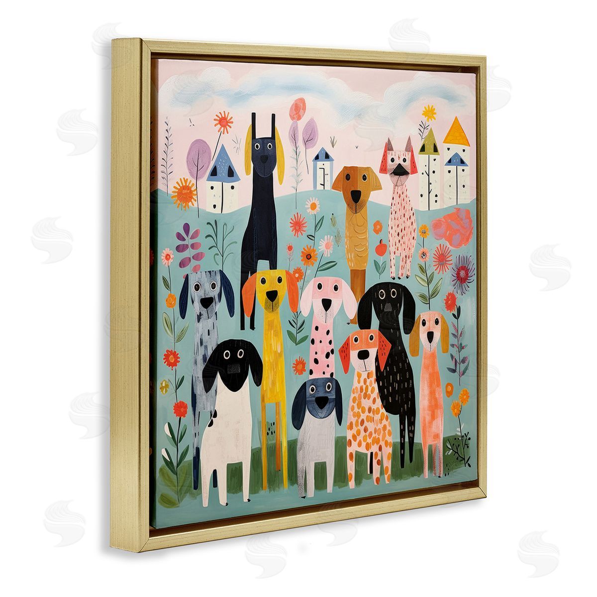 Lazar Studio Patterned Dogs in Yard Gold Floating Frame Canvas Wall Art Print