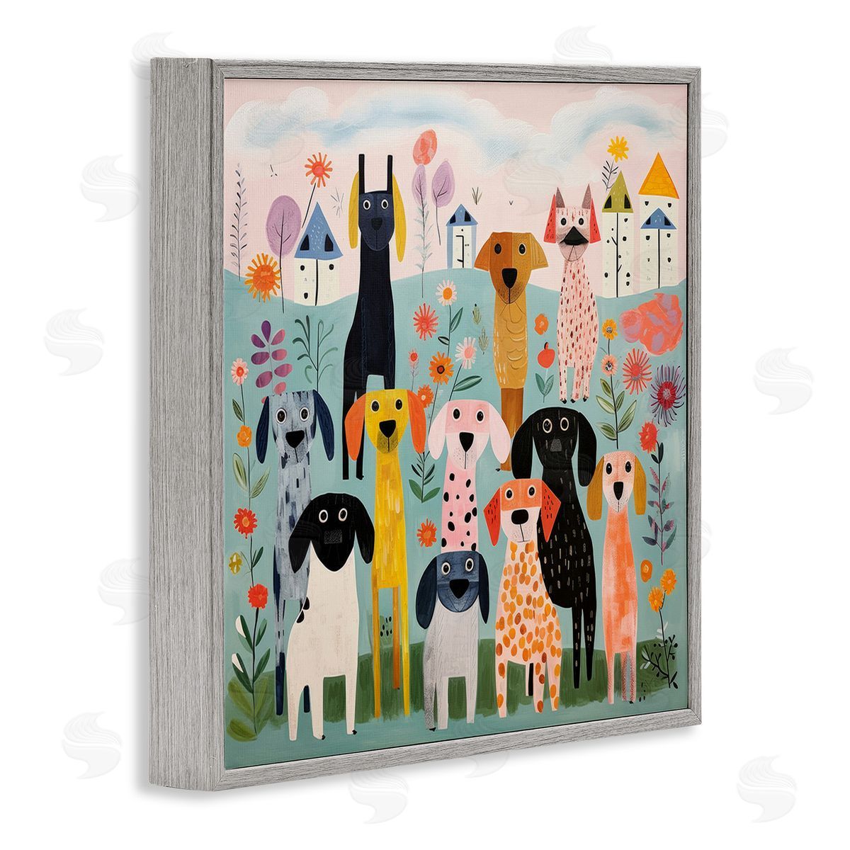 Lazar Studio Patterned Dogs in Yard Gray Framed Giclee Wall Art Print