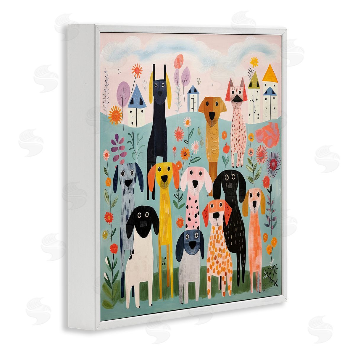 Lazar Studio Patterned Dogs in Yard White Framed Giclee Wall Art Print