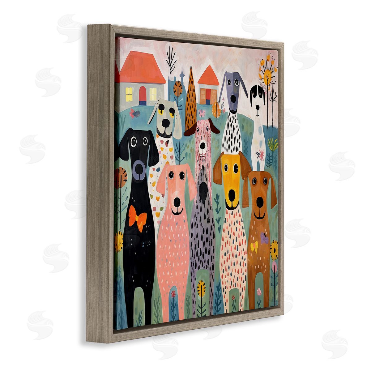 Lazar Studio Patterned Dogs & Flowers Brown Floating Frame Canvas Wall Art Print
