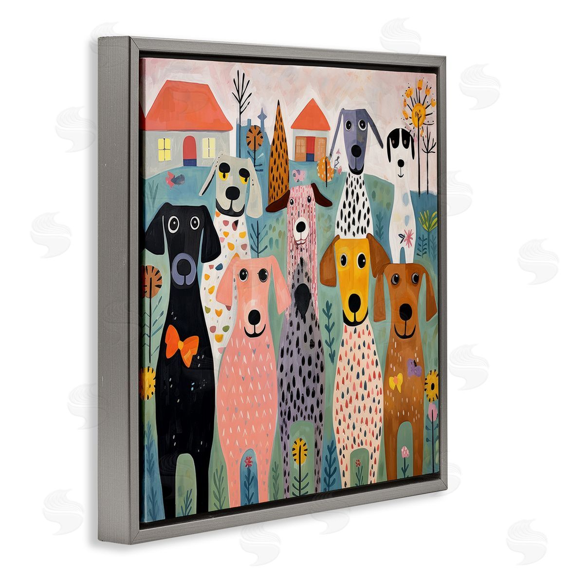 Lazar Studio Patterned Dogs & Flowers Gray Floating Frame Canvas Wall Art Print