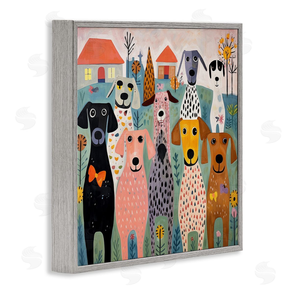 Lazar Studio Patterned Dogs & Flowers Gray Framed Giclee Wall Art Print