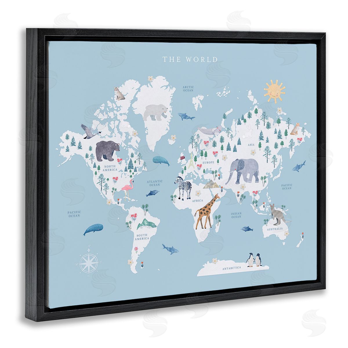 Leah Straatsma World Animals Map Black Floating Frame Canvas Wall Art Print
