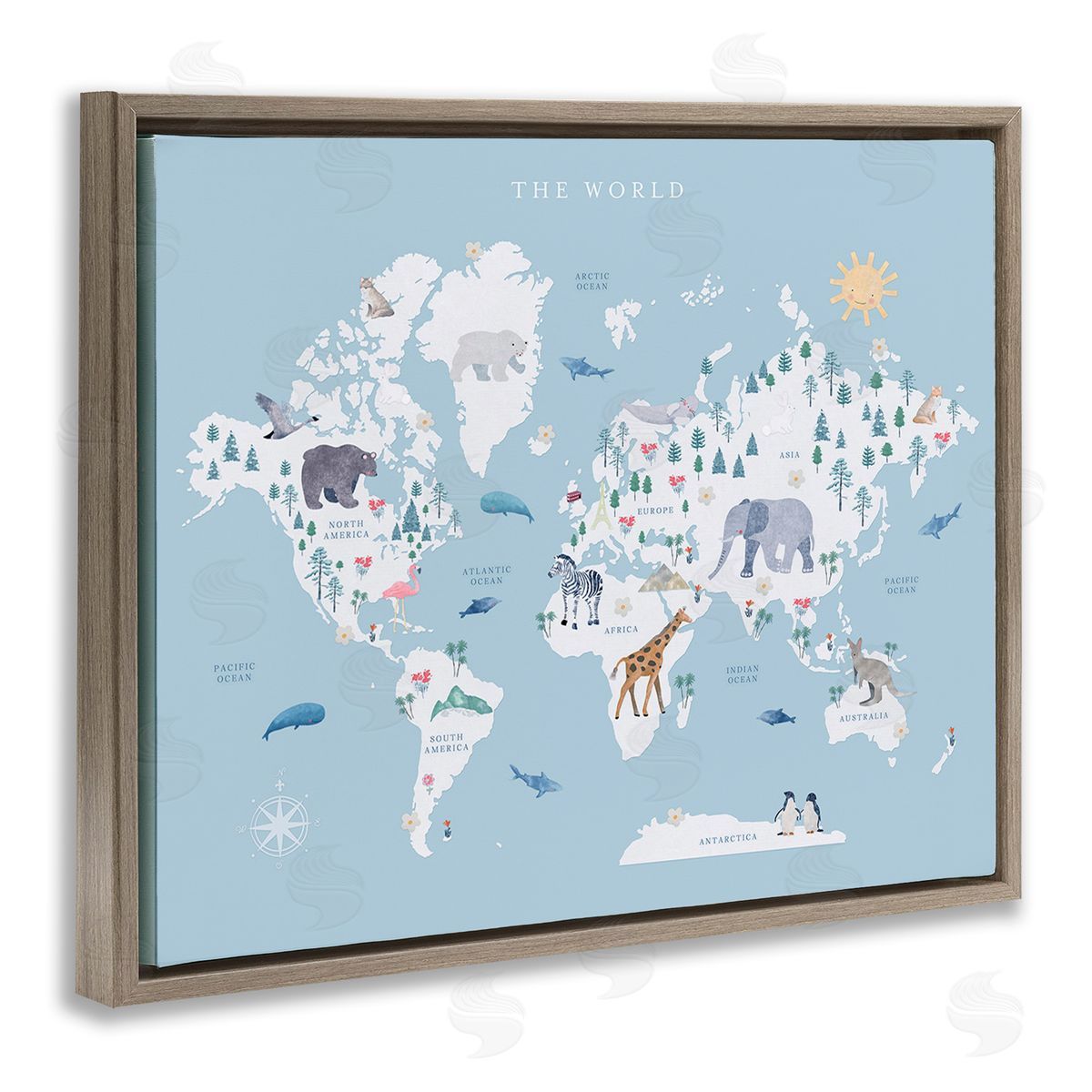 Leah Straatsma World Animals Map Brown Floating Frame Canvas Wall Art Print