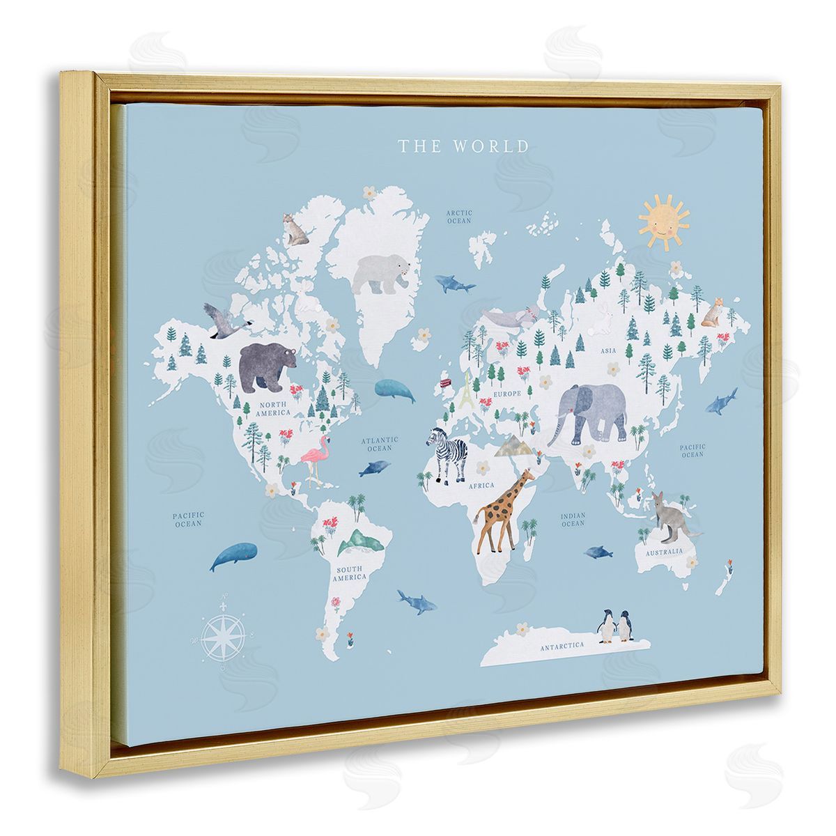 Leah Straatsma World Animals Map Gold Floating Frame Canvas Wall Art Print