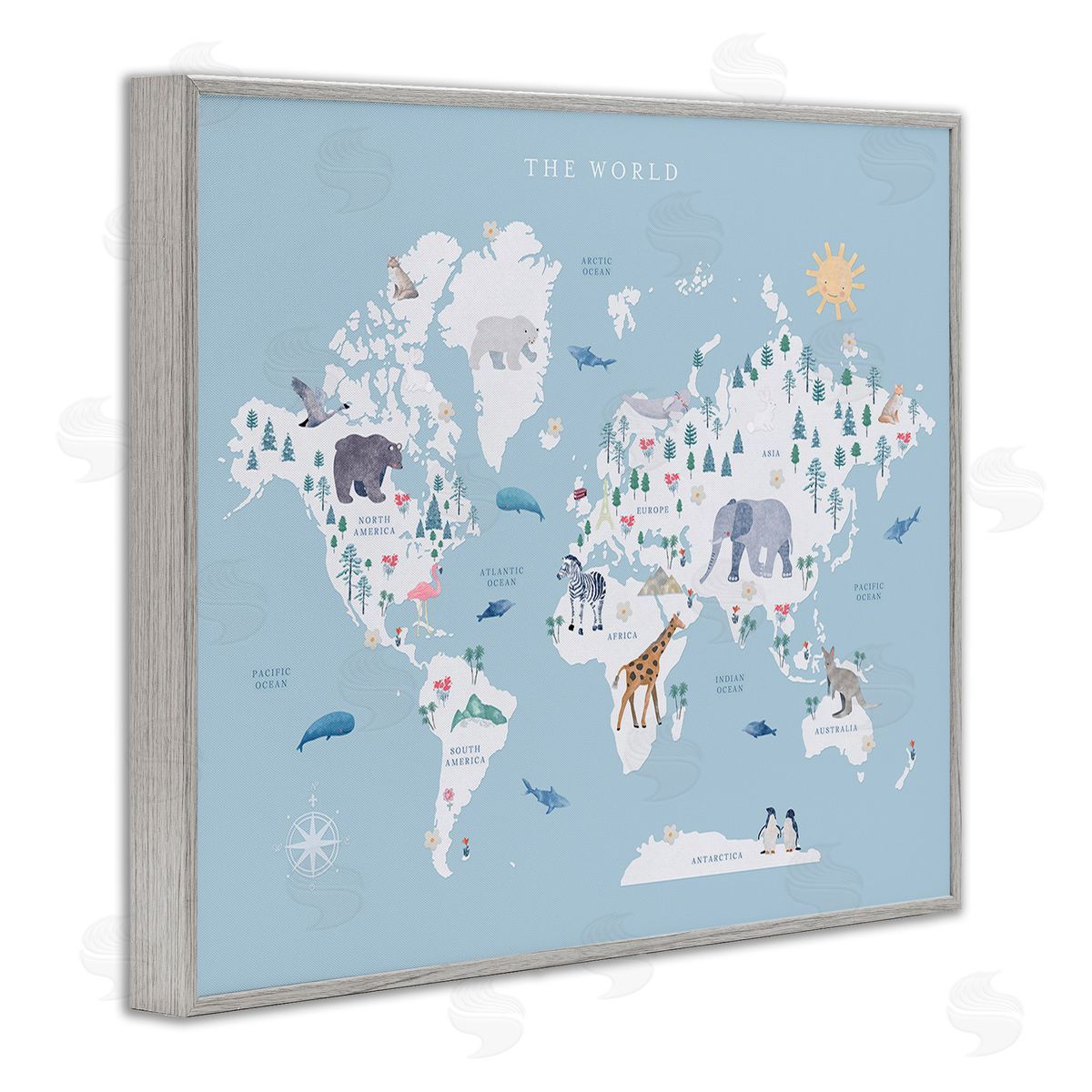 Leah Straatsma World Animals Map Gray Framed Giclee Wall Art Print