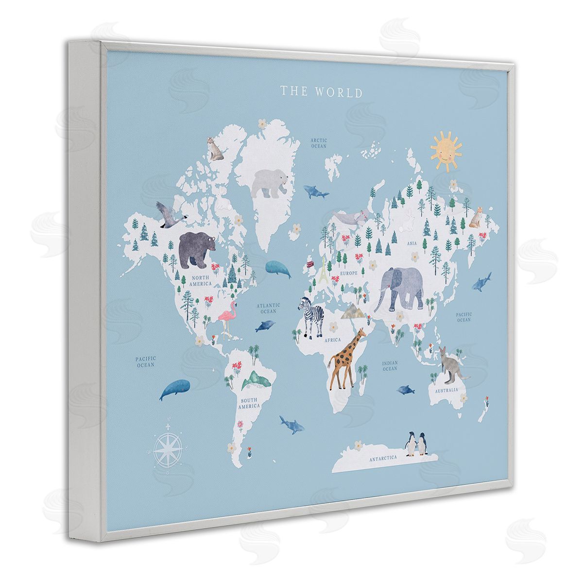 Leah Straatsma World Animals Map White Framed Giclee Wall Art Print