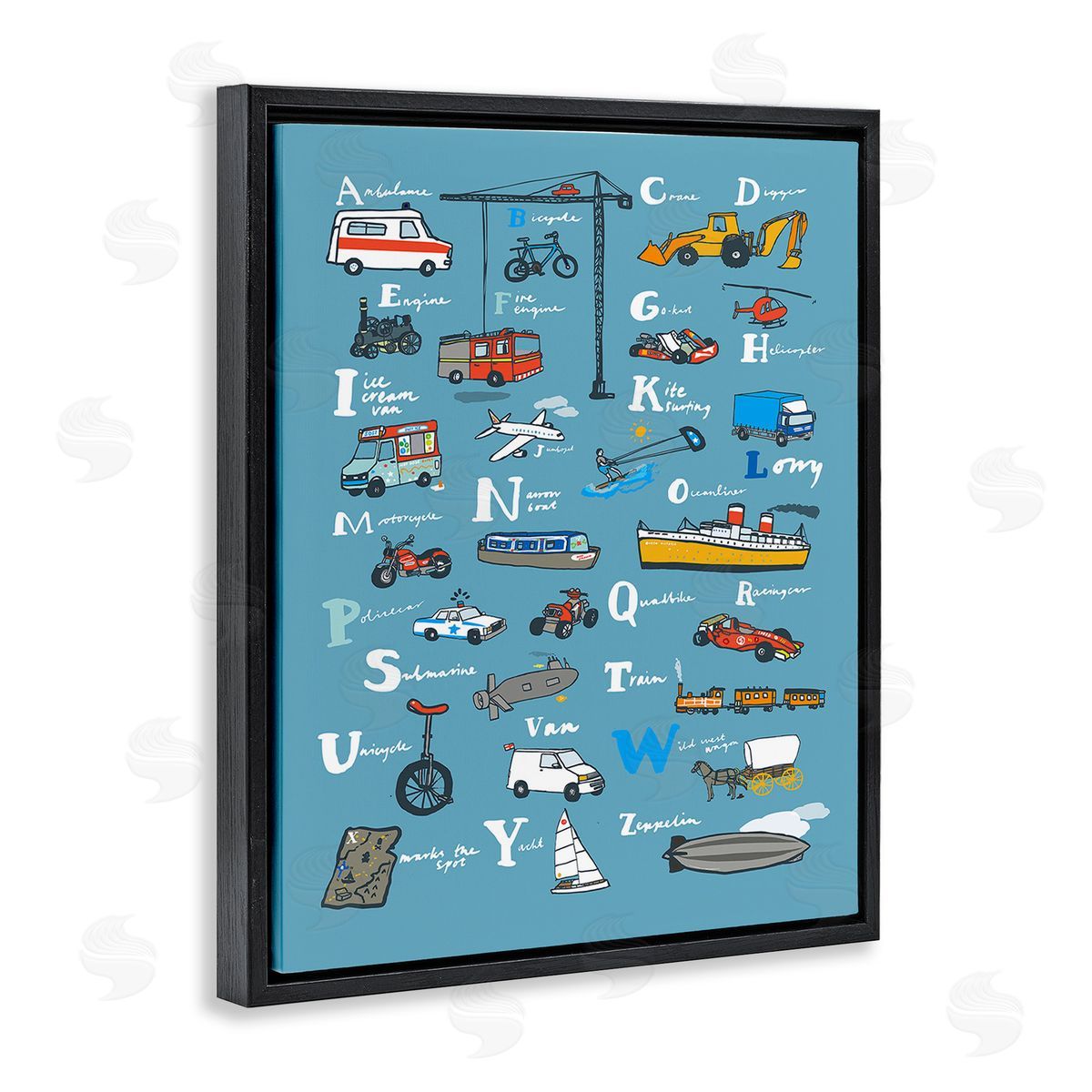 Hanna Melin Various Vehicles Alphabet Black Floating Frame Canvas Wall Art Print
