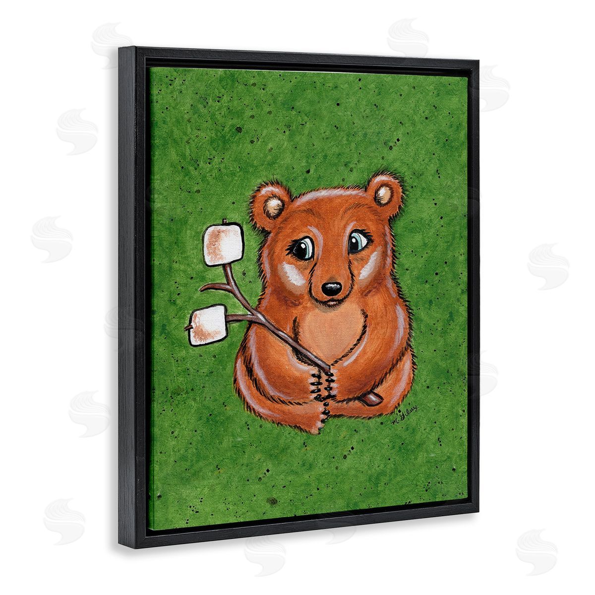 Michelle Gilsey Bear with S'mores Black Floating Frame Canvas Wall Art Print