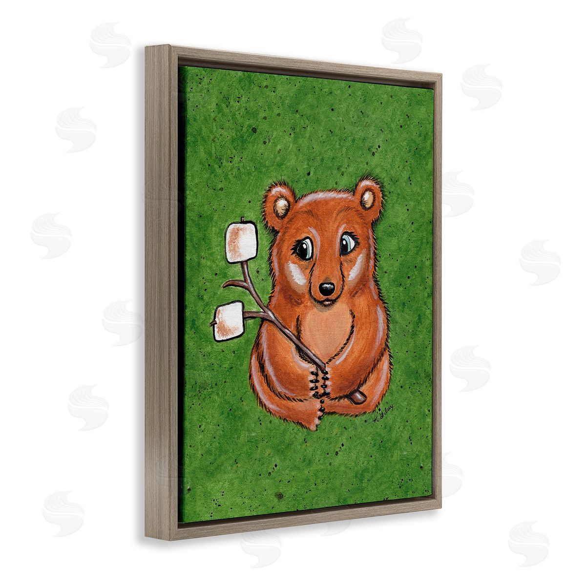 Michelle Gilsey Bear with S'mores Brown Floating Frame Canvas Wall Art Print
