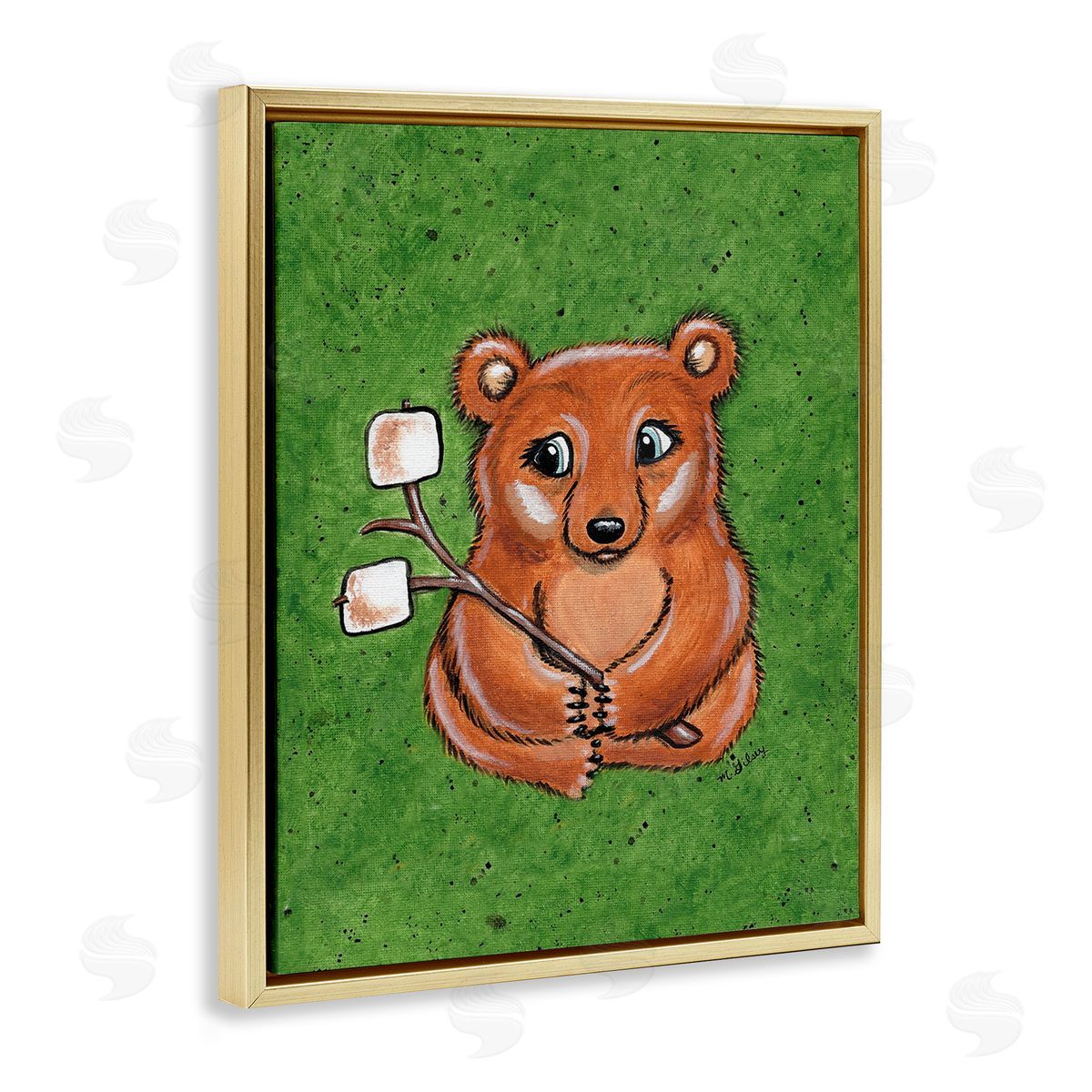 Michelle Gilsey Bear with S'mores Gold Floating Frame Canvas Wall Art Print