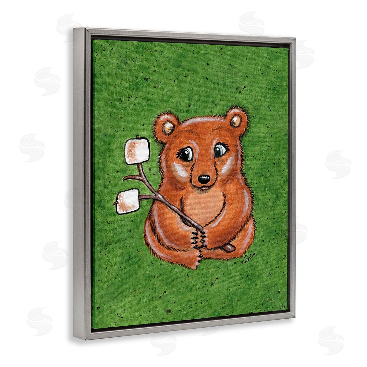 Michelle Gilsey Bear with S'mores Gray Floating Frame Canvas Wall Art Print