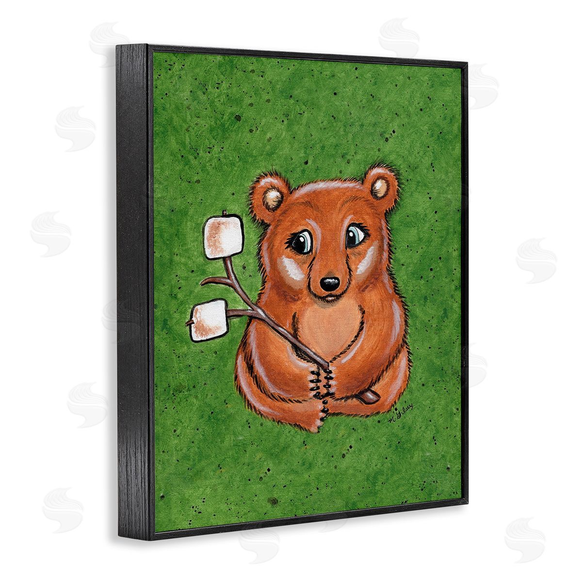 Michelle Gilsey Bear with S'mores Black Framed Giclee Wall Art Print