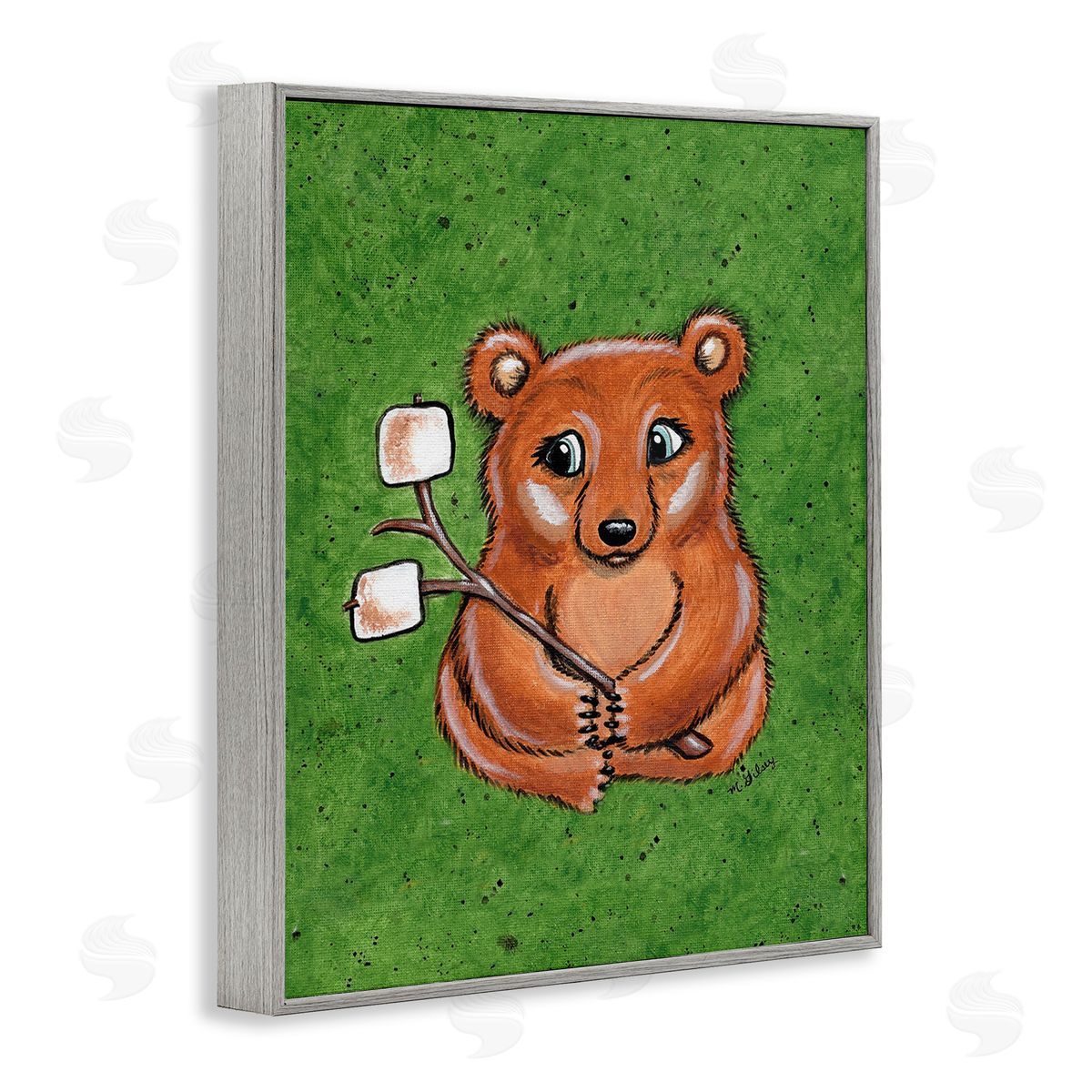 Michelle Gilsey Bear with S'mores Gray Framed Giclee Wall Art Print