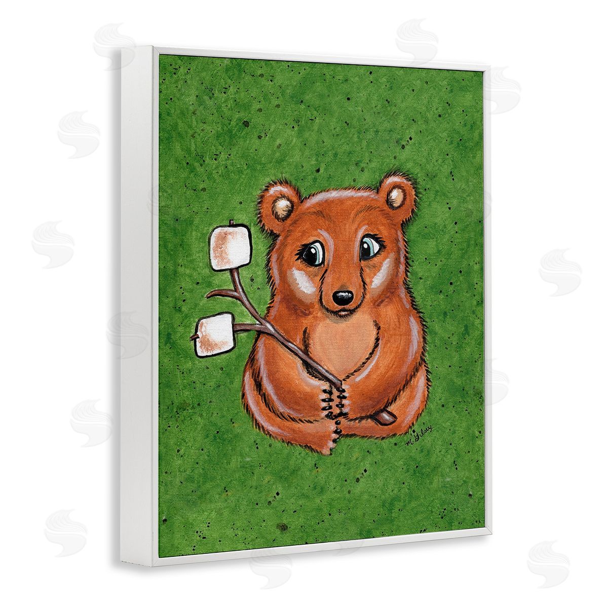 Michelle Gilsey Bear with S'mores White Framed Giclee Wall Art Print