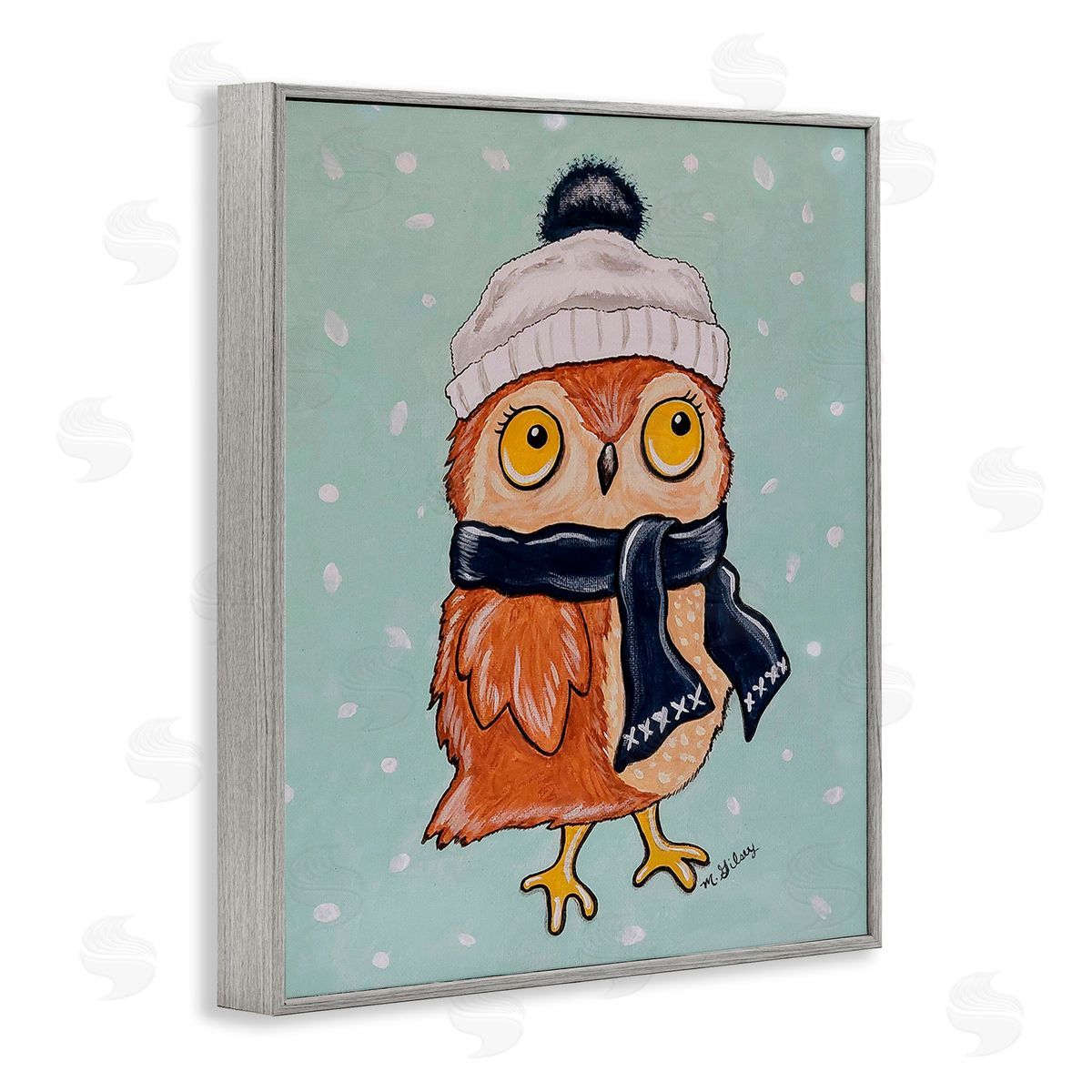 Michelle Gilsey Owl & Winter Scarf Gray Framed Giclee Wall Art Print