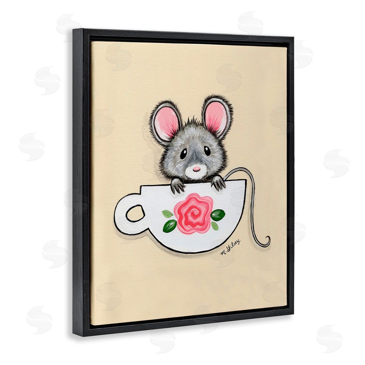 Michelle Gilsey Mouse in Teacup Black Floating Frame Canvas Wall Art Print