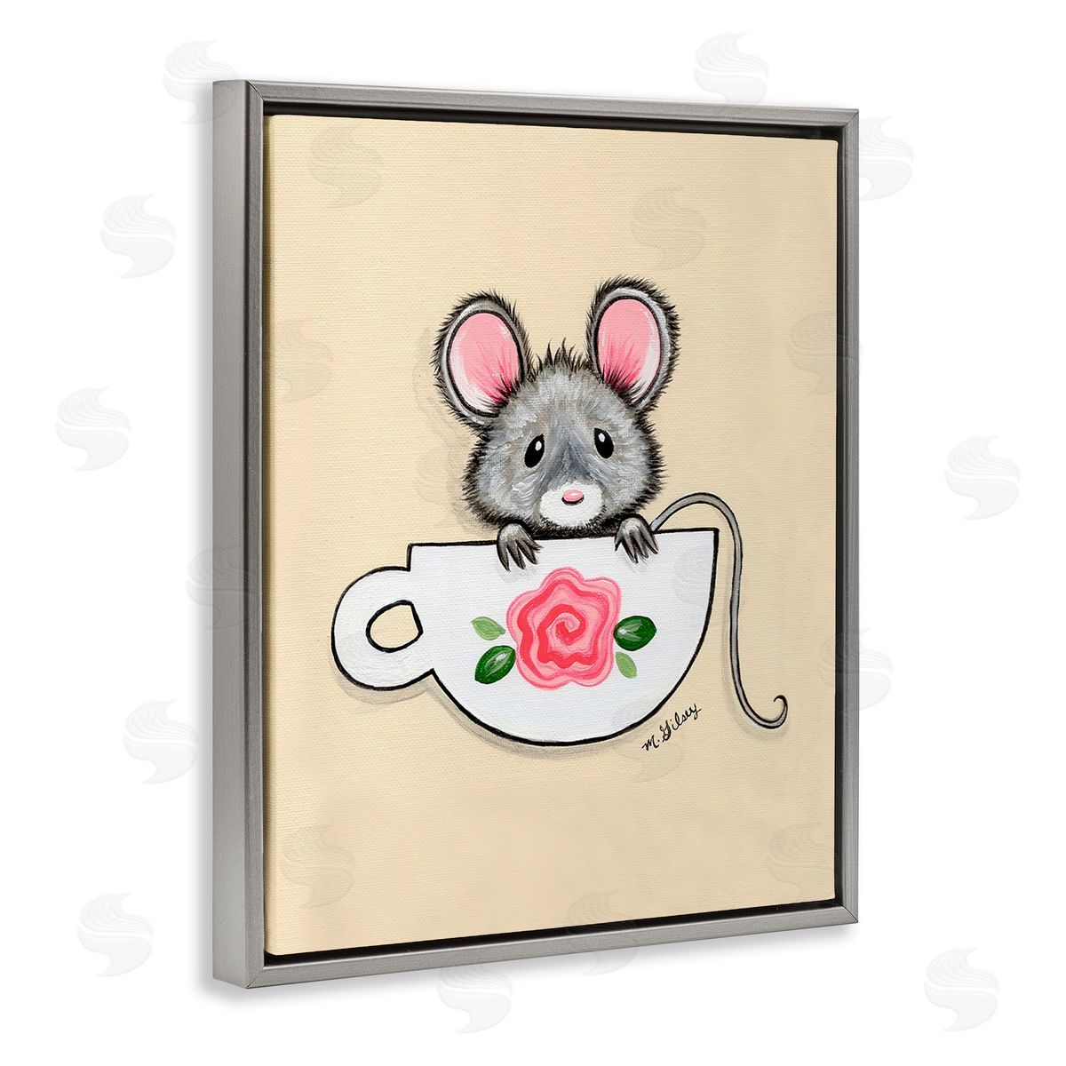 Michelle Gilsey Mouse in Teacup Gray Floating Frame Canvas Wall Art Print