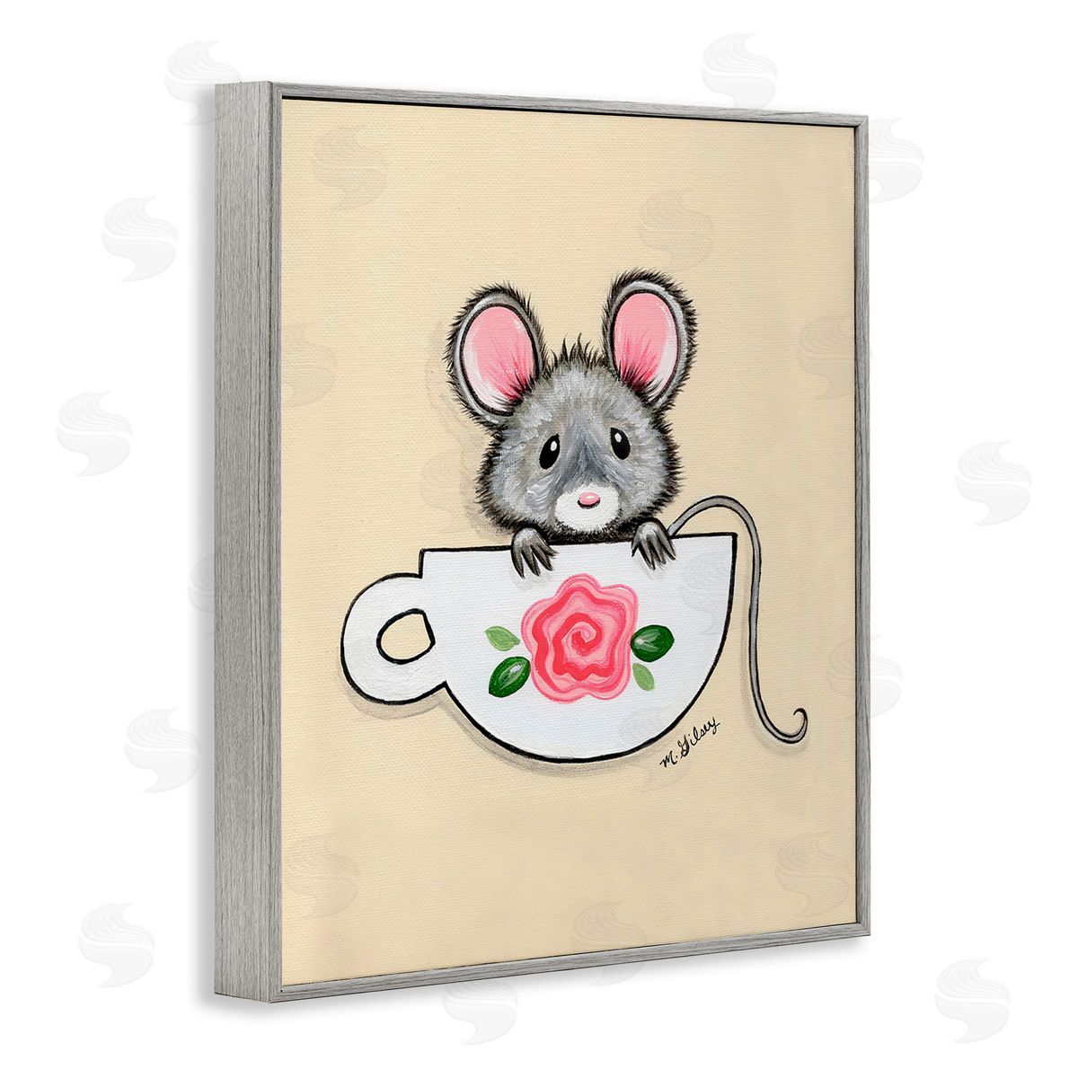 Michelle Gilsey Mouse in Teacup Gray Framed Giclee Wall Art Print