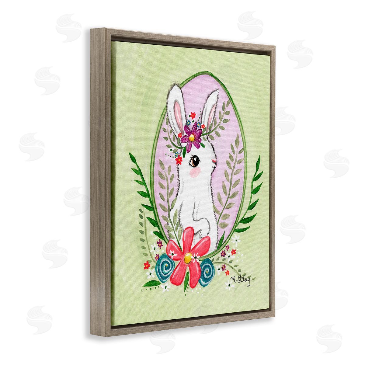Michelle Gilsey Spring Bunny & Blossom Brown Floating Frame Canvas Wall Art Print