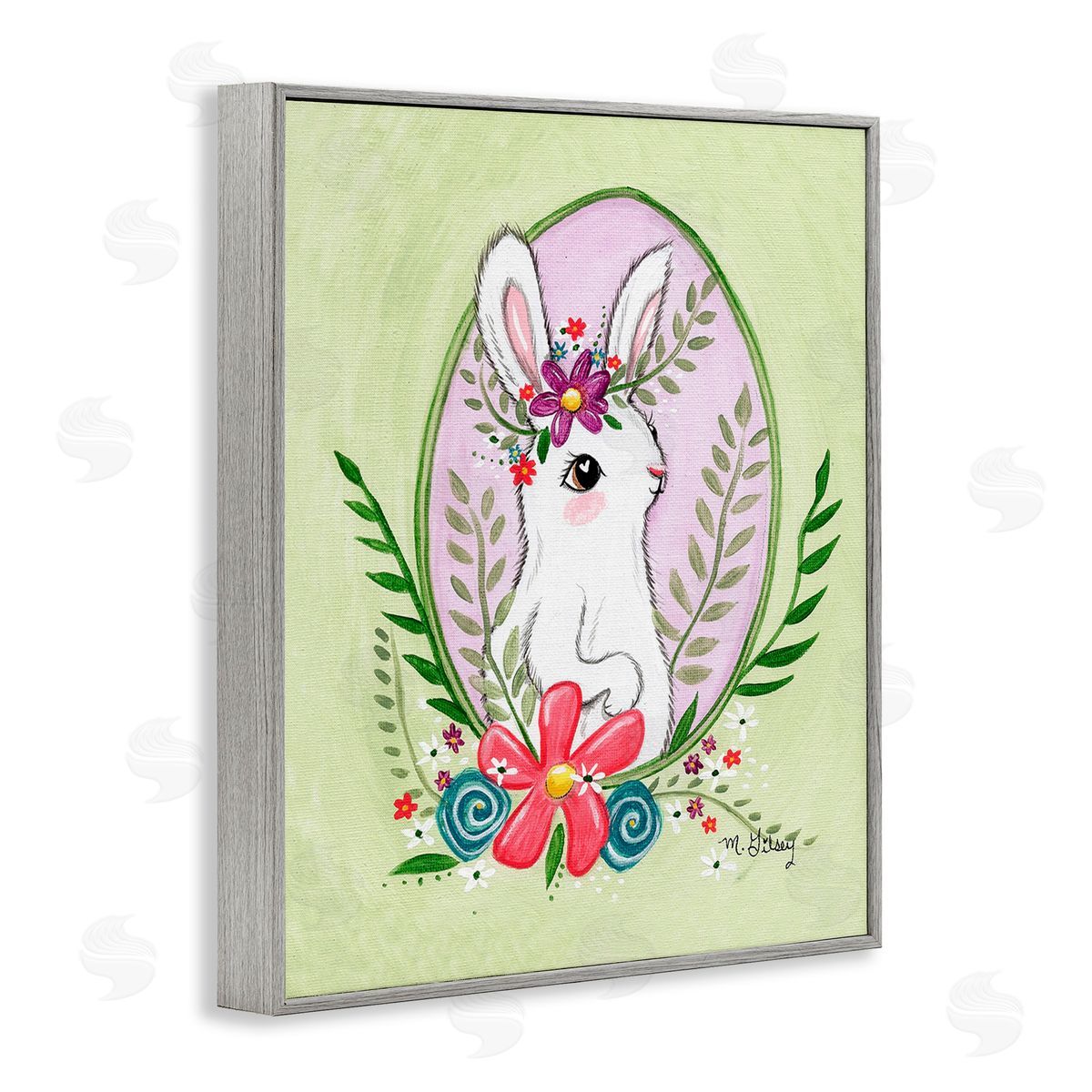 Michelle Gilsey Spring Bunny & Blossom Gray Framed Giclee Wall Art Print