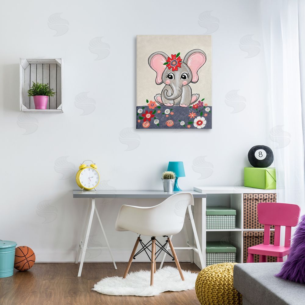 Michelle Gilsey Baby Elephant & Flowers Canvas Wall Art Print in Room