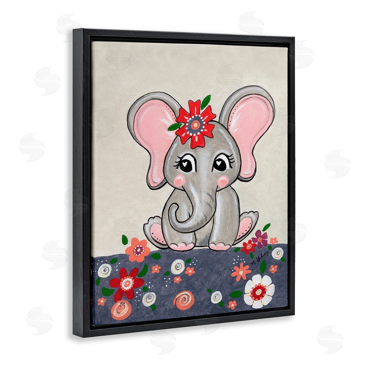 Michelle Gilsey Baby Elephant & Flowers Black Floating Frame Canvas Wall Art Print