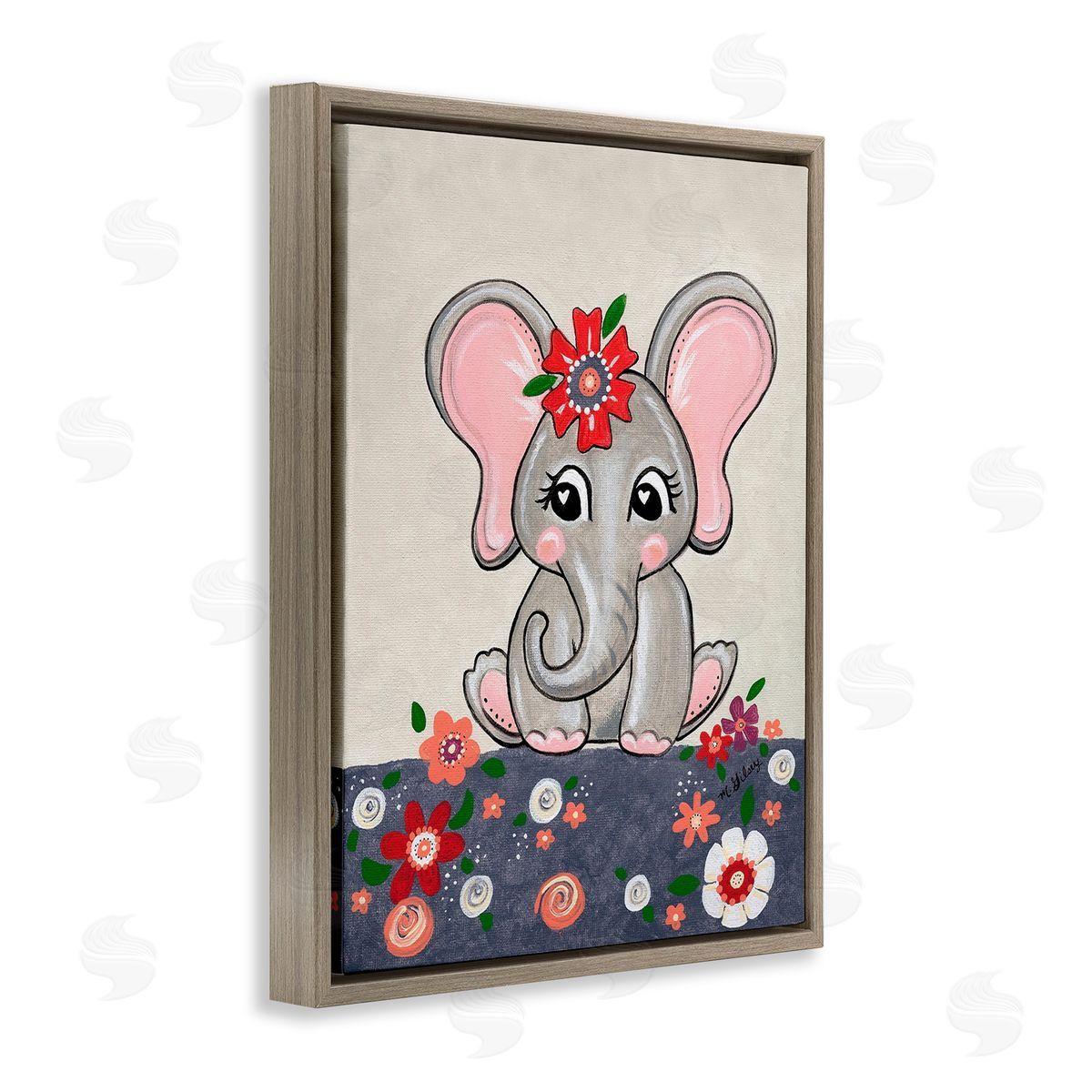 Michelle Gilsey Baby Elephant & Flowers Brown Floating Frame Canvas Wall Art Print