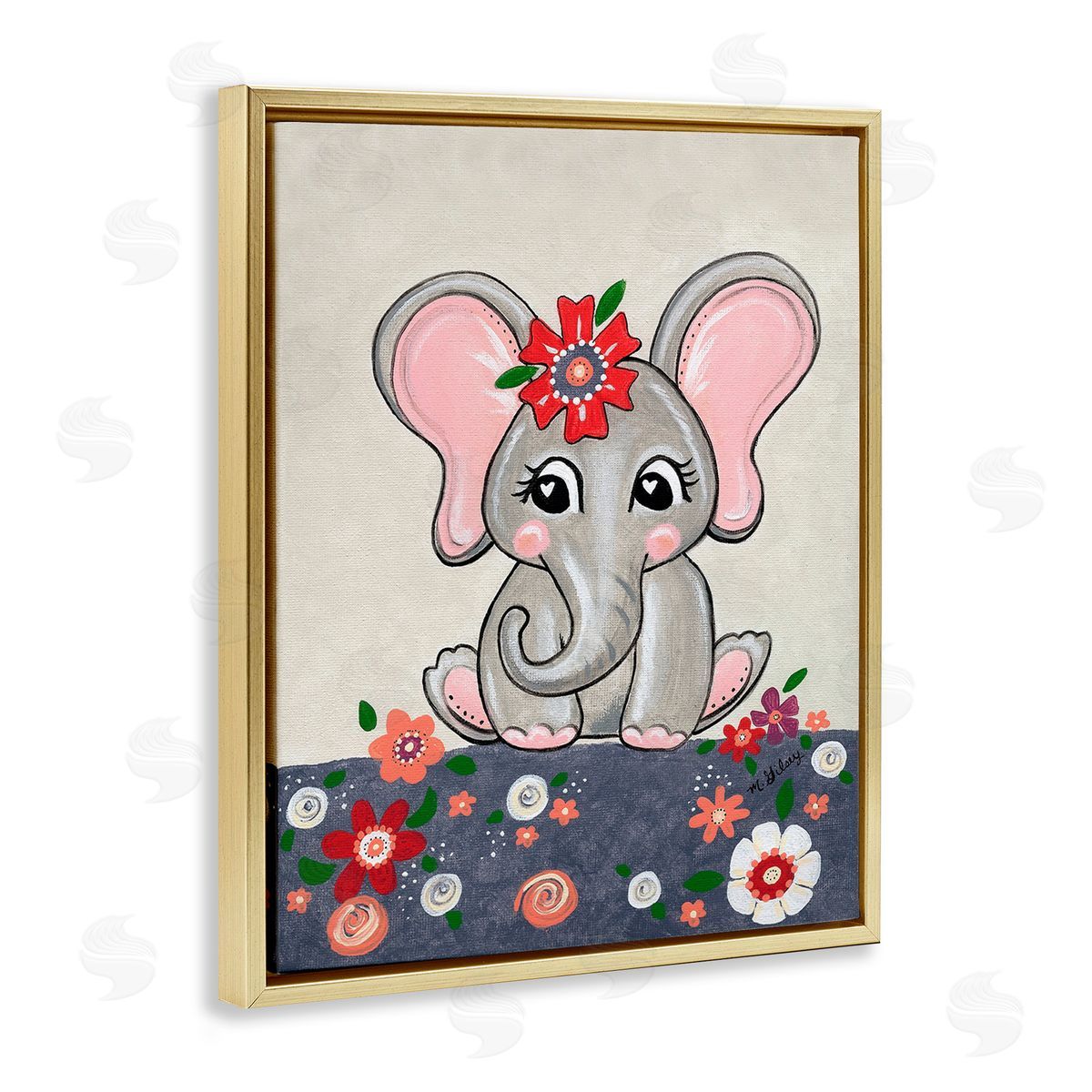 Michelle Gilsey Baby Elephant & Flowers Gold Floating Frame Canvas Wall Art Print