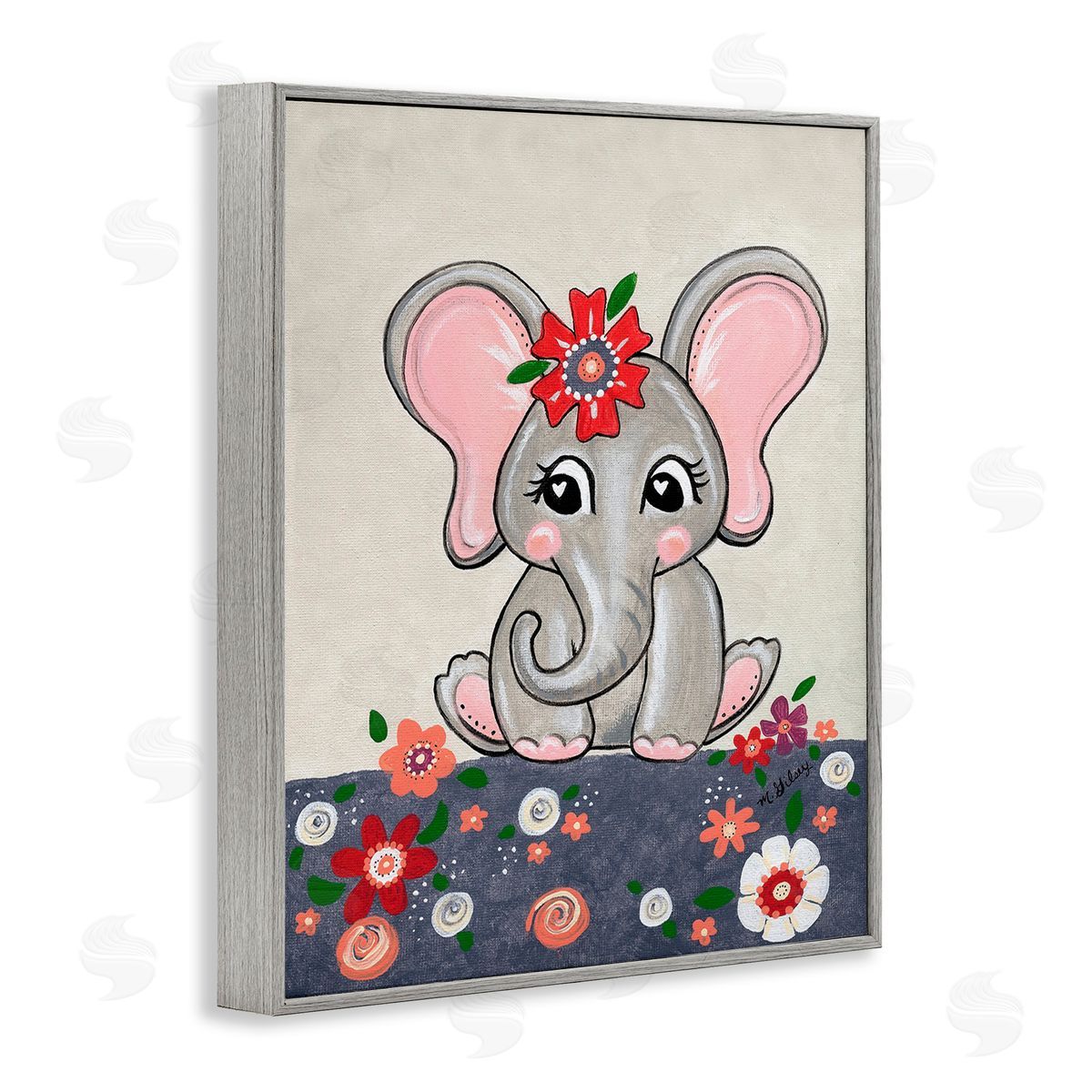 Michelle Gilsey Baby Elephant & Flowers Gray Framed Giclee Wall Art Print