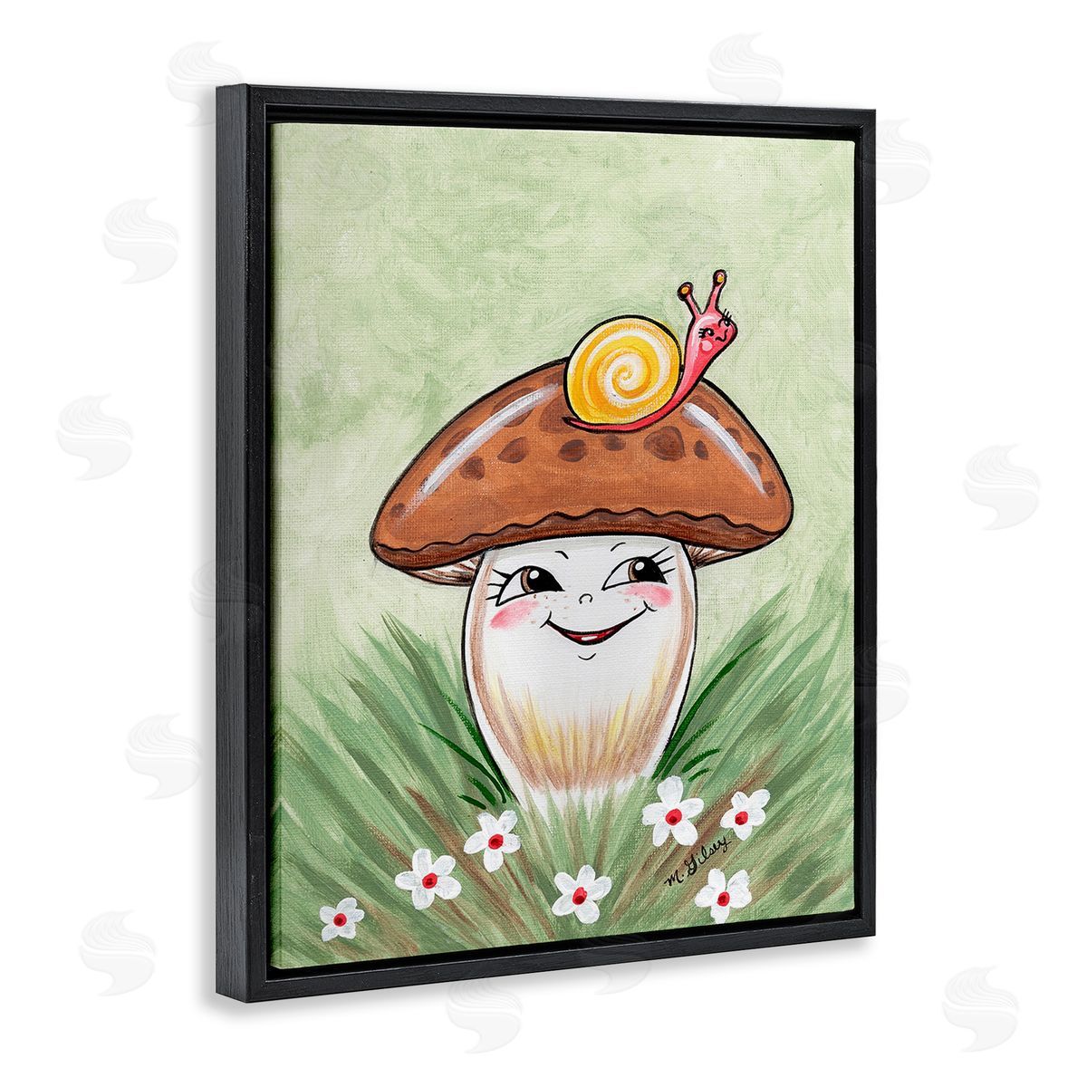 Michelle Gilsey Smiling Mushroom & Snail Black Floating Frame Canvas Wall Art Print