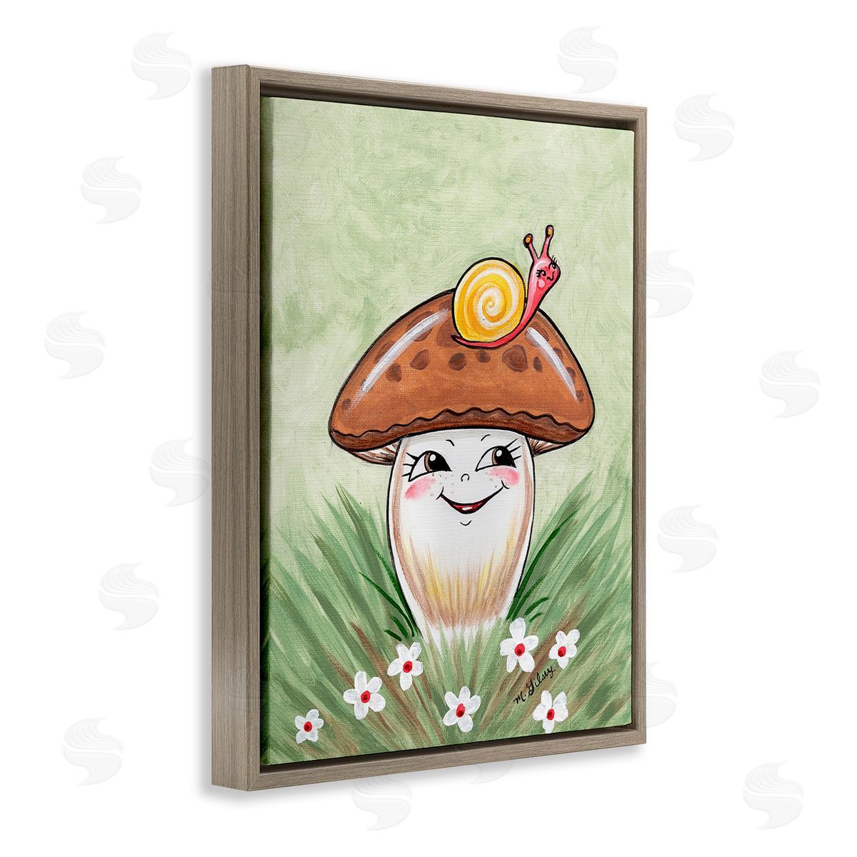Michelle Gilsey Smiling Mushroom & Snail Brown Floating Frame Canvas Wall Art Print