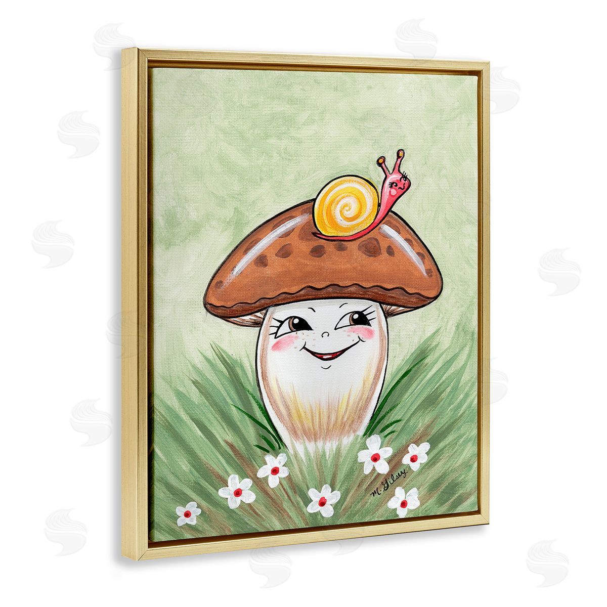 Michelle Gilsey Smiling Mushroom & Snail Gold Floating Frame Canvas Wall Art Print