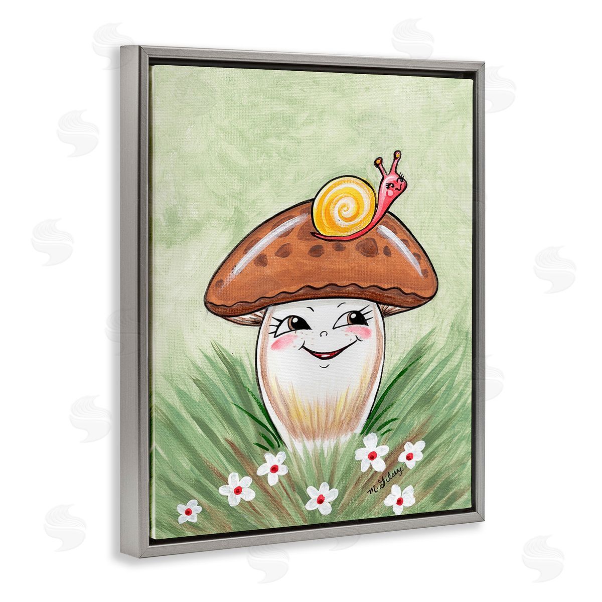 Michelle Gilsey Smiling Mushroom & Snail Gray Floating Frame Canvas Wall Art Print