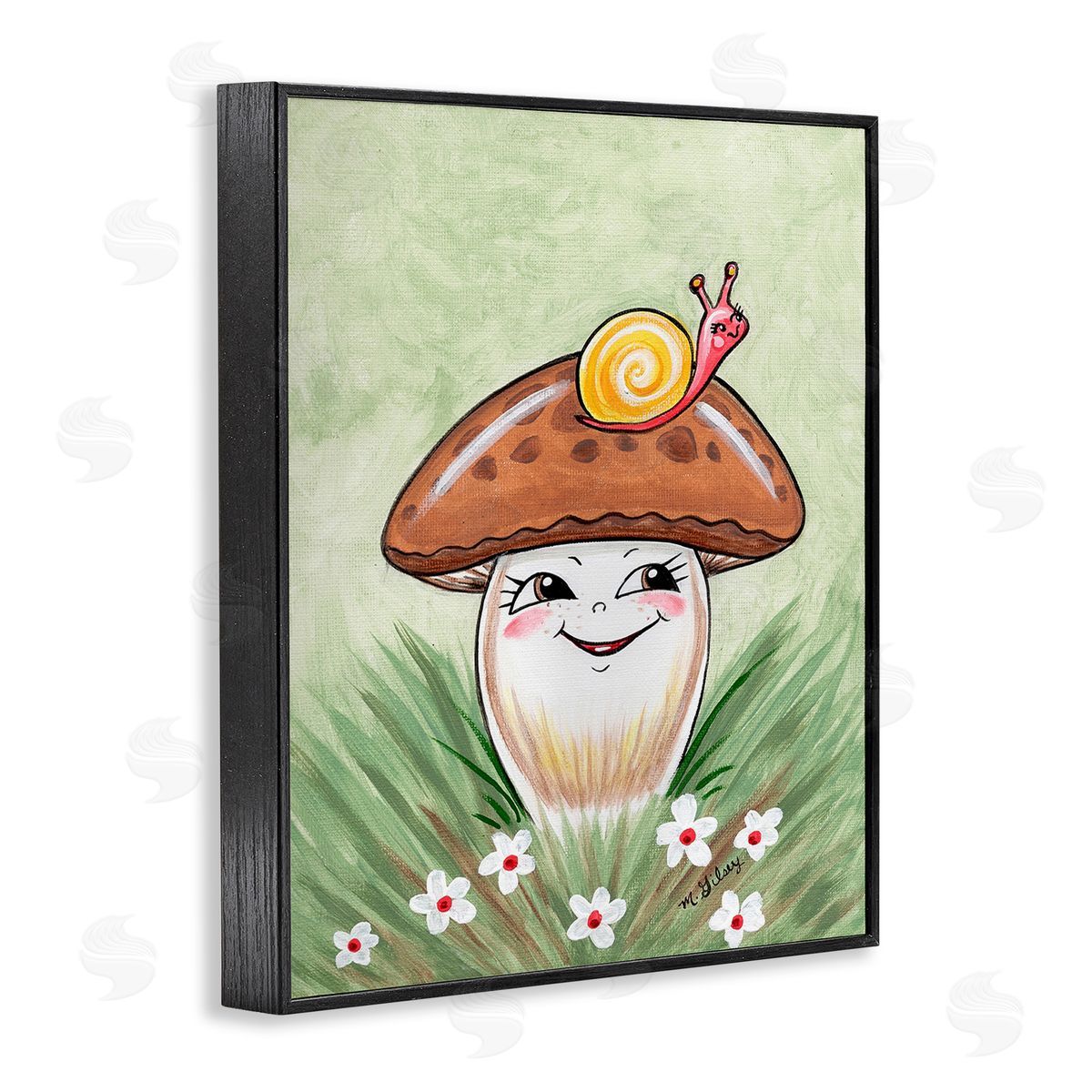 Michelle Gilsey Smiling Mushroom & Snail Black Framed Giclee Wall Art Print