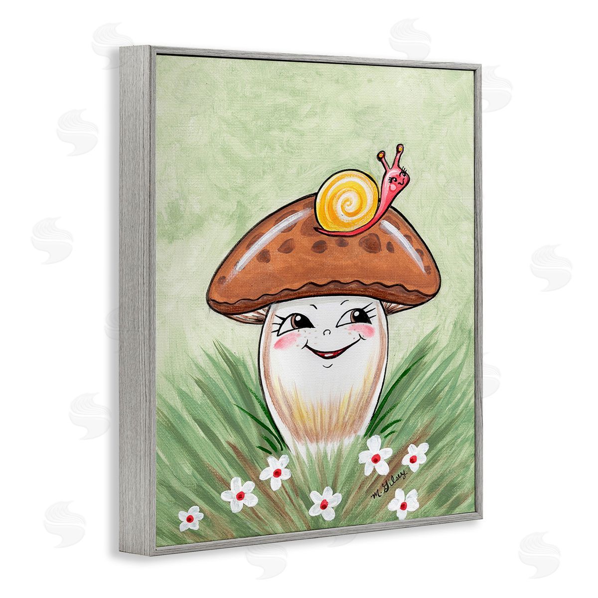 Michelle Gilsey Smiling Mushroom & Snail Gray Framed Giclee Wall Art Print