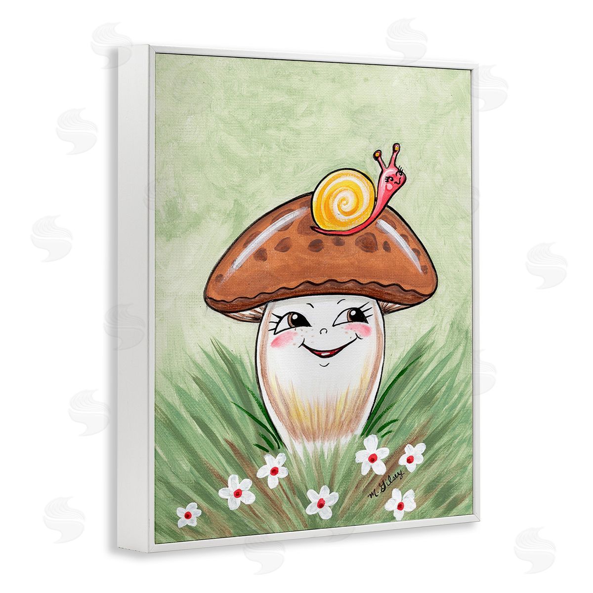Michelle Gilsey Smiling Mushroom & Snail White Framed Giclee Wall Art Print