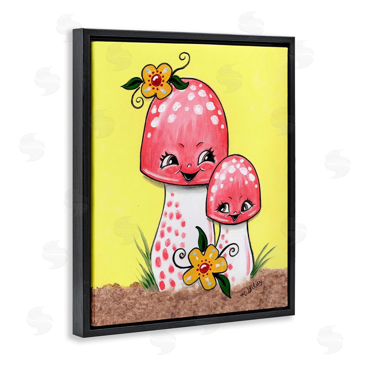 Michelle Gilsey Happy Mushrooms & Flowers Black Floating Frame Canvas Wall Art Print