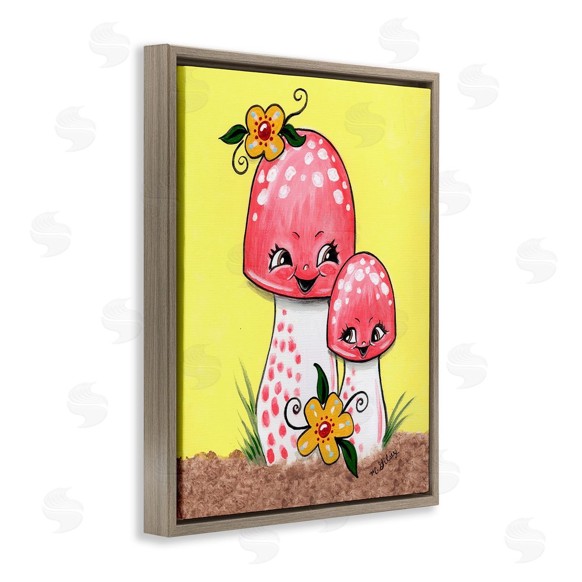 Michelle Gilsey Happy Mushrooms & Flowers Brown Floating Frame Canvas Wall Art Print