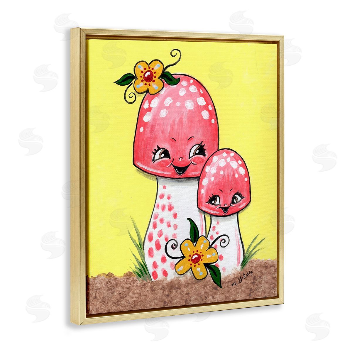 Michelle Gilsey Happy Mushrooms & Flowers Gold Floating Frame Canvas Wall Art Print