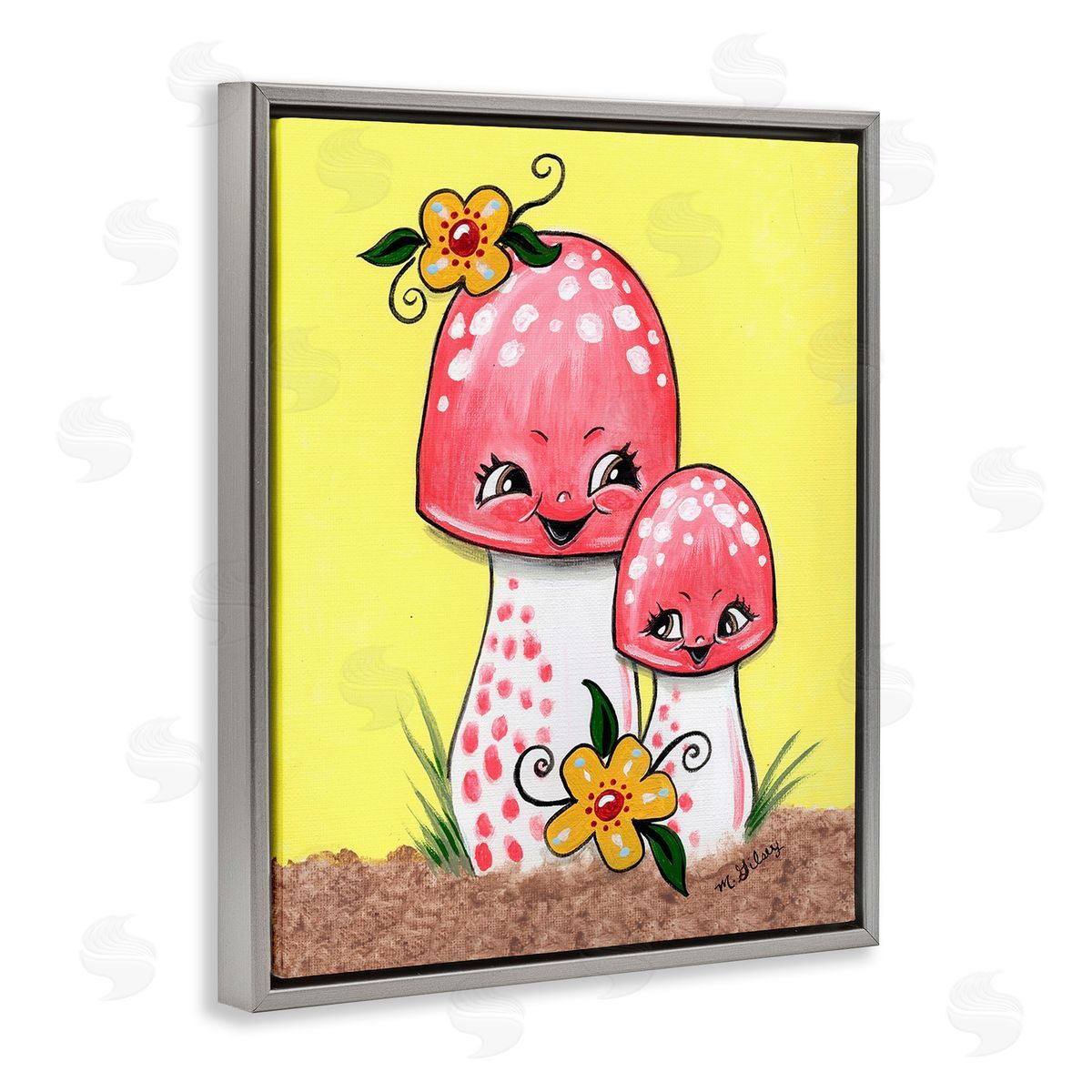 Michelle Gilsey Happy Mushrooms & Flowers Gray Floating Frame Canvas Wall Art Print